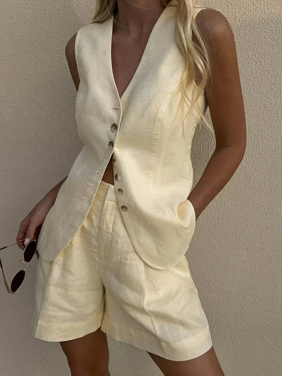 Bronladies Cotton And linen Chic Casual Vest Shorts Set Womens Summer Fashion Sleeveless Tank Top Shorts Suits 250228