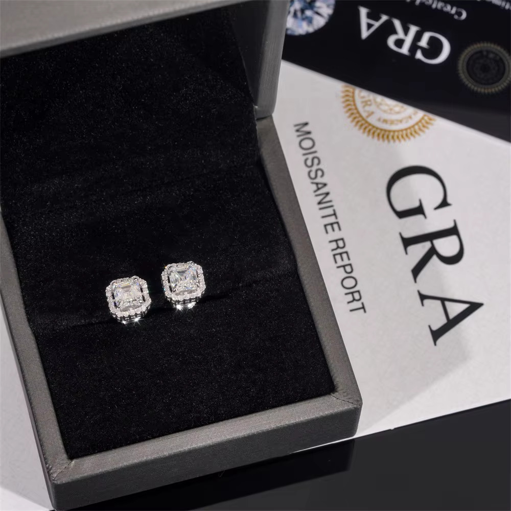 DE Hip Hop Princess Cut Moissanite Earring Chic Square Moissanite Earrings Hip Hop Women Men Moissanite Earring