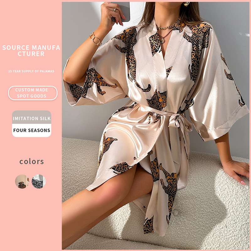 Chic Imitation Silk Tied Bathrobe & Cardigan Combo - Comfortable Ladies Sleepwear