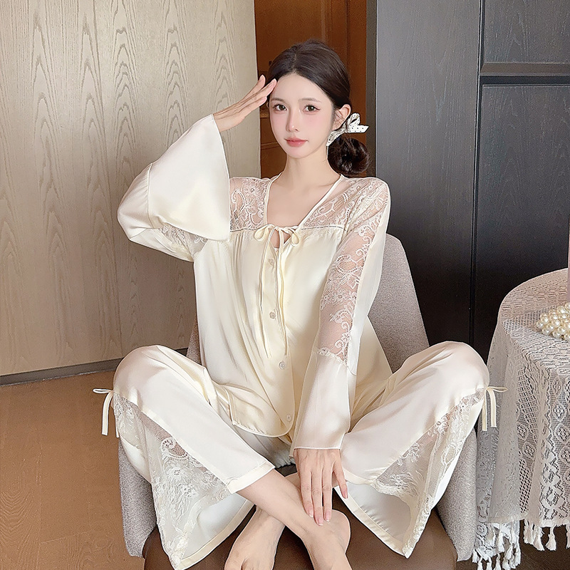 B514-New long-sleeved ladies summer ice silk pajamas spring and autumn high-end French lace home clothes suit