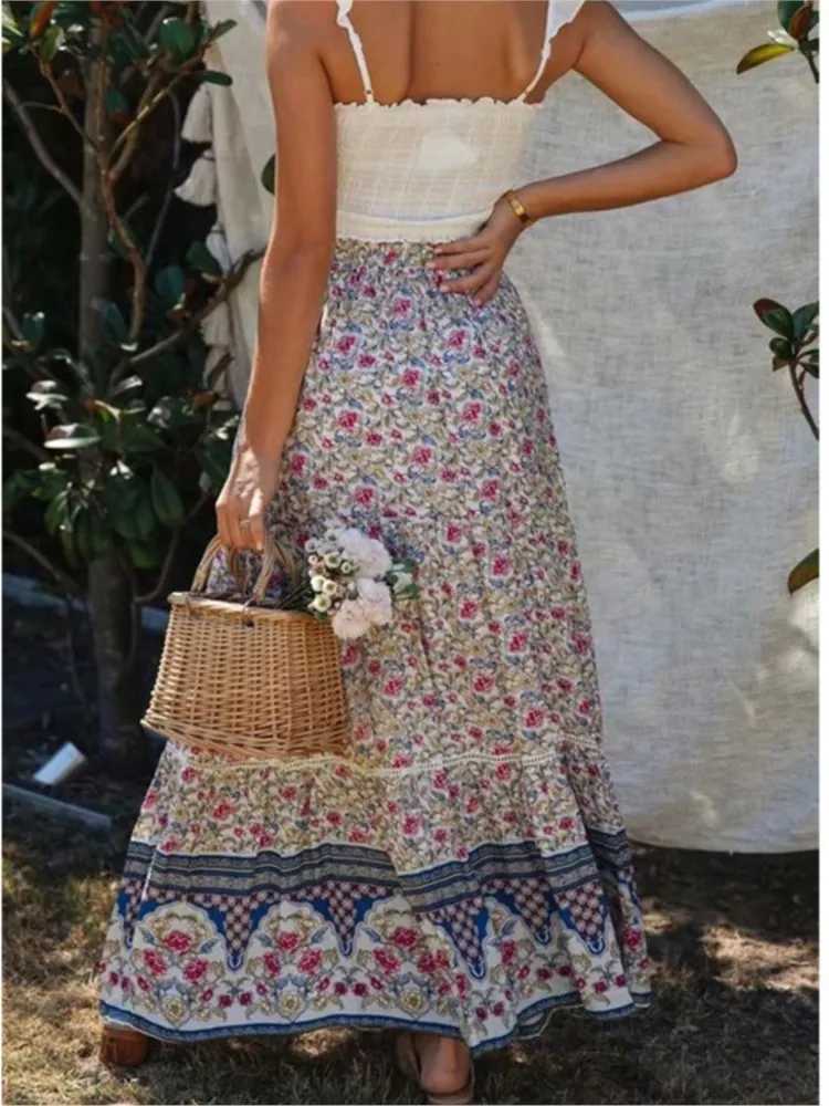 Skirts Retro floral print beach bohemian pleated womens skiing 2025 summer fashion cotton high waisted long skirt womens beach skiing Y2503148D49