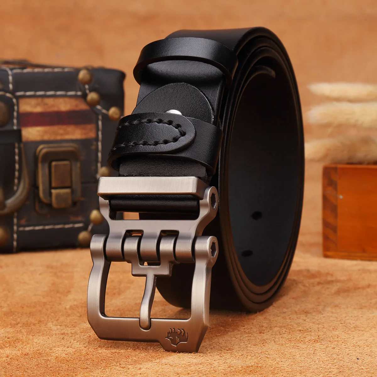 BISON DENIM leather mens belt high-quality retro business personality pin buckle M belt jeans mens gift X250314