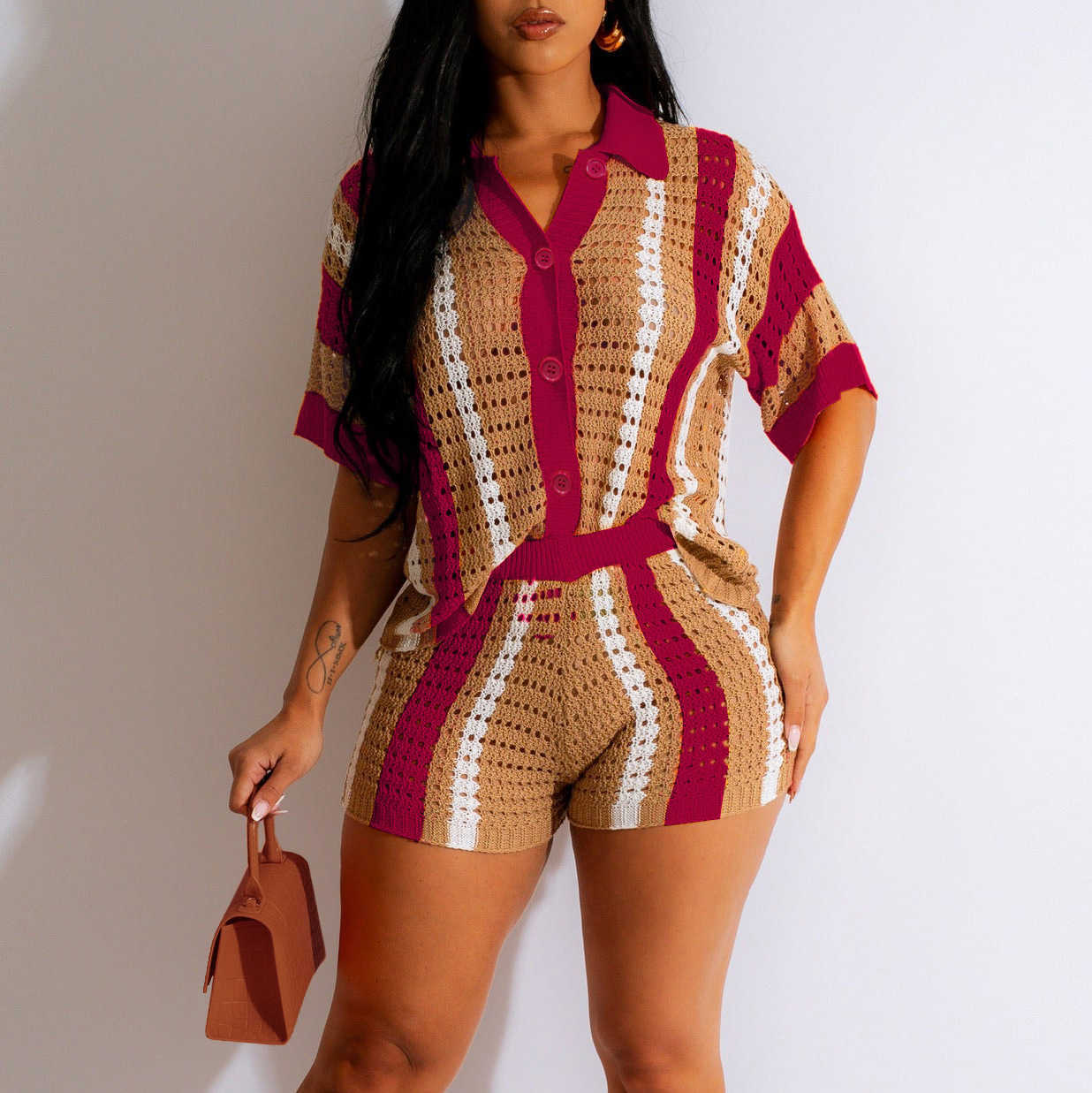 Womens sexy womens hollowed out perspective contrasting lapel knit shorts set T250313