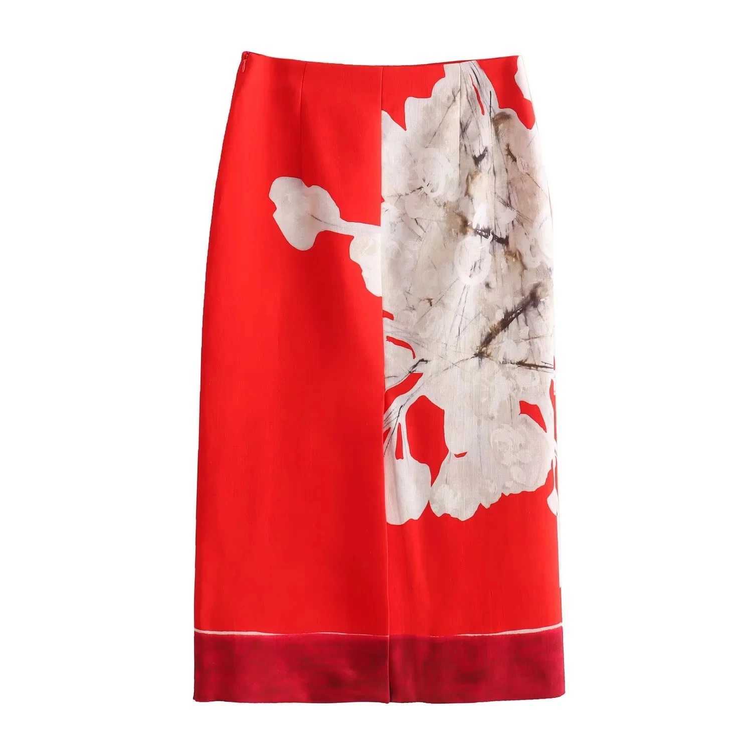 Skirts KAOPU ZA Womens Elegant Red Skirt Side Zipper Back Seam Straight Skirt Womens Linen Printed Blended Straight Skirt Half Skirt Y2503142S6N