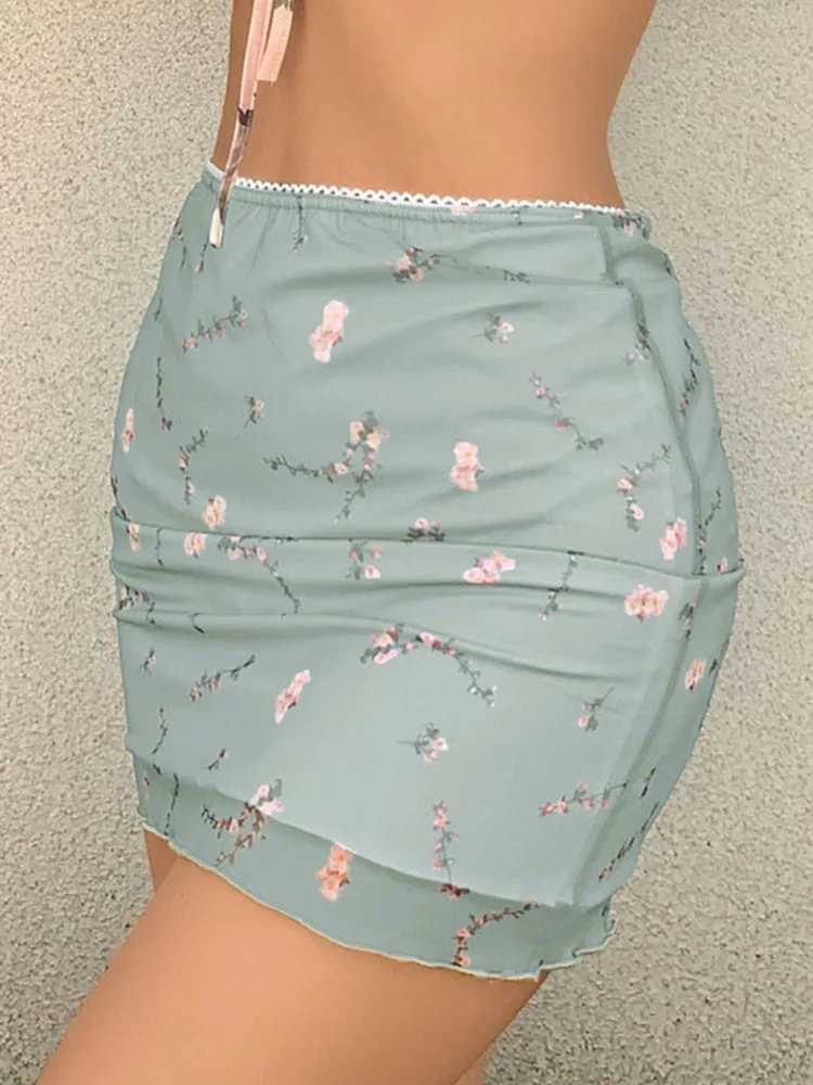 Skirts Womens Skirt Flower Printed Mesh Double Layer High Waist Mini Skirts 2025 New Summer Strtwear Club Boydcon Retro Y2K Skirt Y250314U7AV