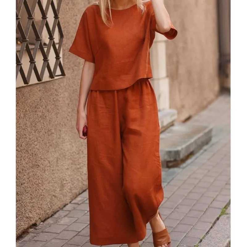 New casual women set loose solid color shirt with cotton and linen patchwork round neck short sleeved top and pants twopiece setT250314