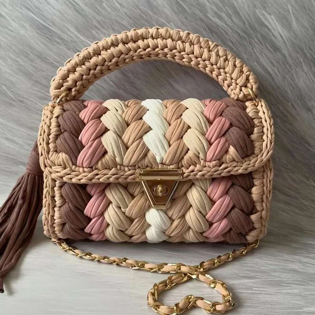 Purse Bags For Women 2024 New Handbags Handmade Crochet Contrast Knitted Chain Bag