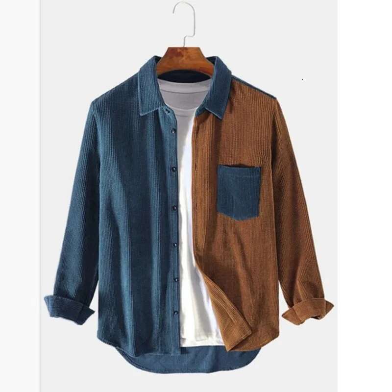 2024 Spring Autumn New Fashion Polo Collar Long Sleeved Men's Clothing Corduroy Casual Versatile Patchwork Male Clothes Shirts