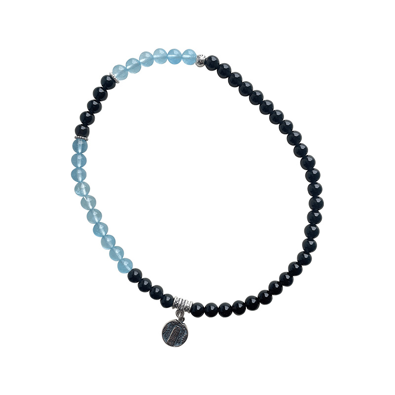 Putuoshan fortune transfer natural obsidian aquamarine string sterling silver five-way God of Fortune double circle crystal bracelet female