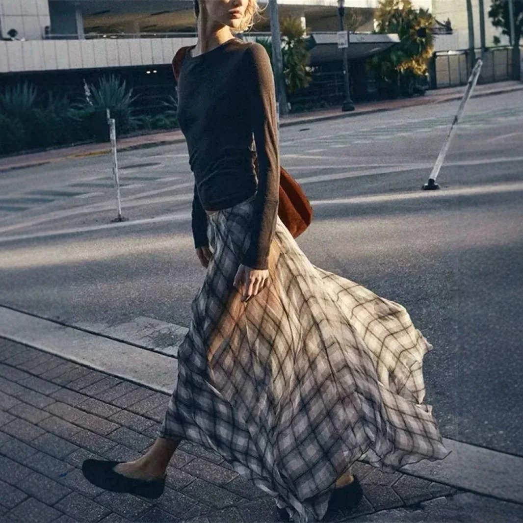 Flowing Check Midi Skirt Spring/Summer Collection Retro Long Style Seaside Vacation Casual Brown Womens Clothing 250311