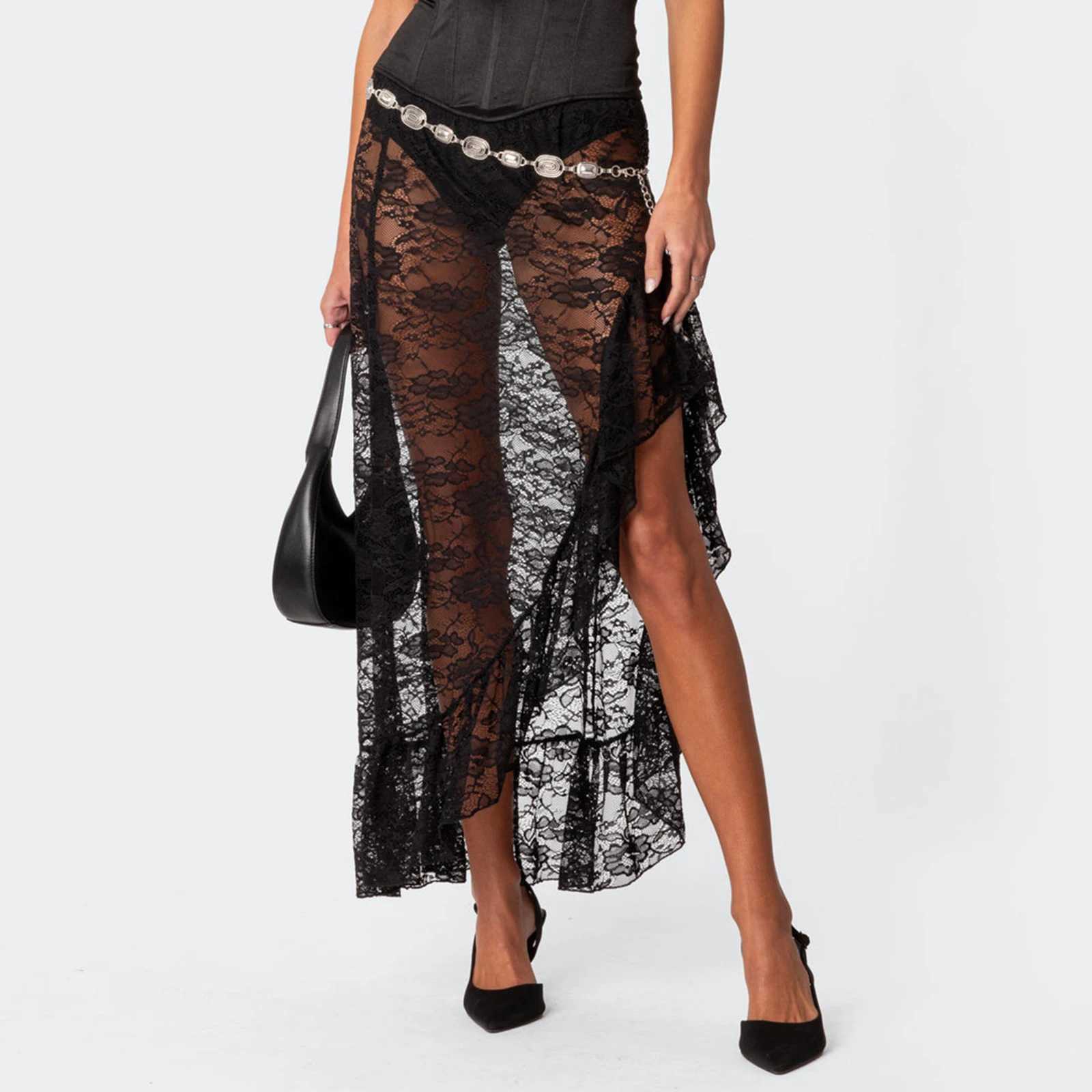 Skirts Vintage high waisted asymmetrical hem ruffled Midi ski board Flowy ski board womens summer solid color lace long ski Y250314QZZI