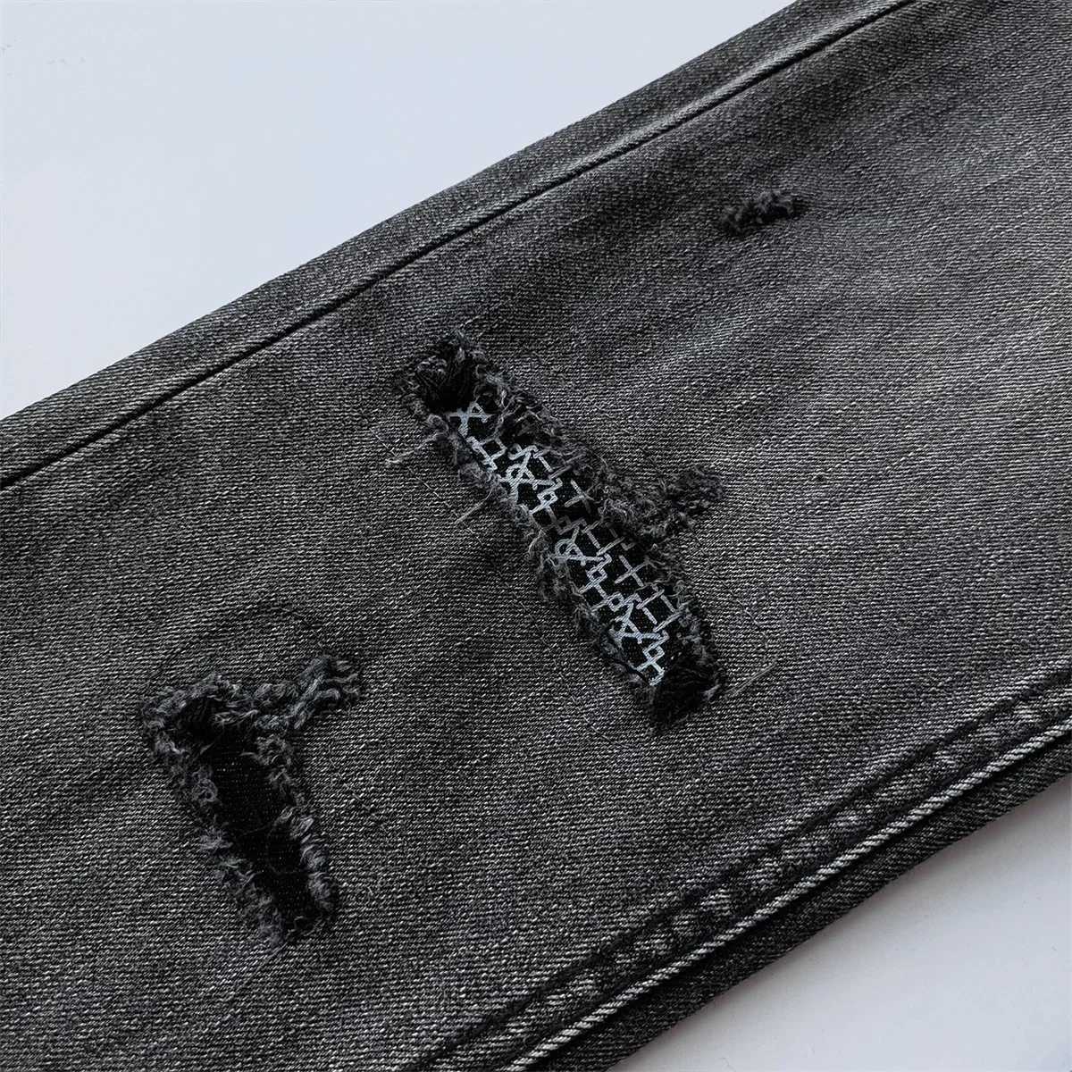 Black Gray Fashion KSUBI Cross Jeans Men Brand High Street Hole patch Trend Low Rise Stretch Skinny Pants Ripped Frayed TrousersT250314