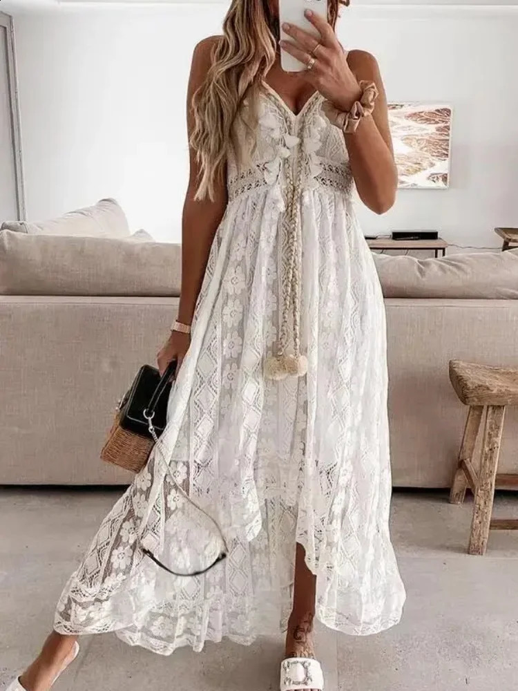 Summer Lace Sleeveless Women Dress V Neck Hollow Out Elegant Loose Dresses Fashion Sexy Beach Vacation Long Dress 250313