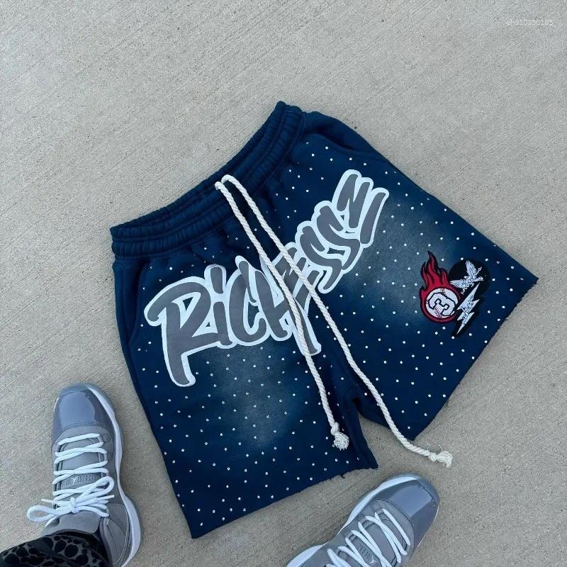 Men's Shorts Casual Loose Fashion Harajuku Rhinestone Letter Print Cotton Sweatpants Men Basketball Hip Hop Streetwear