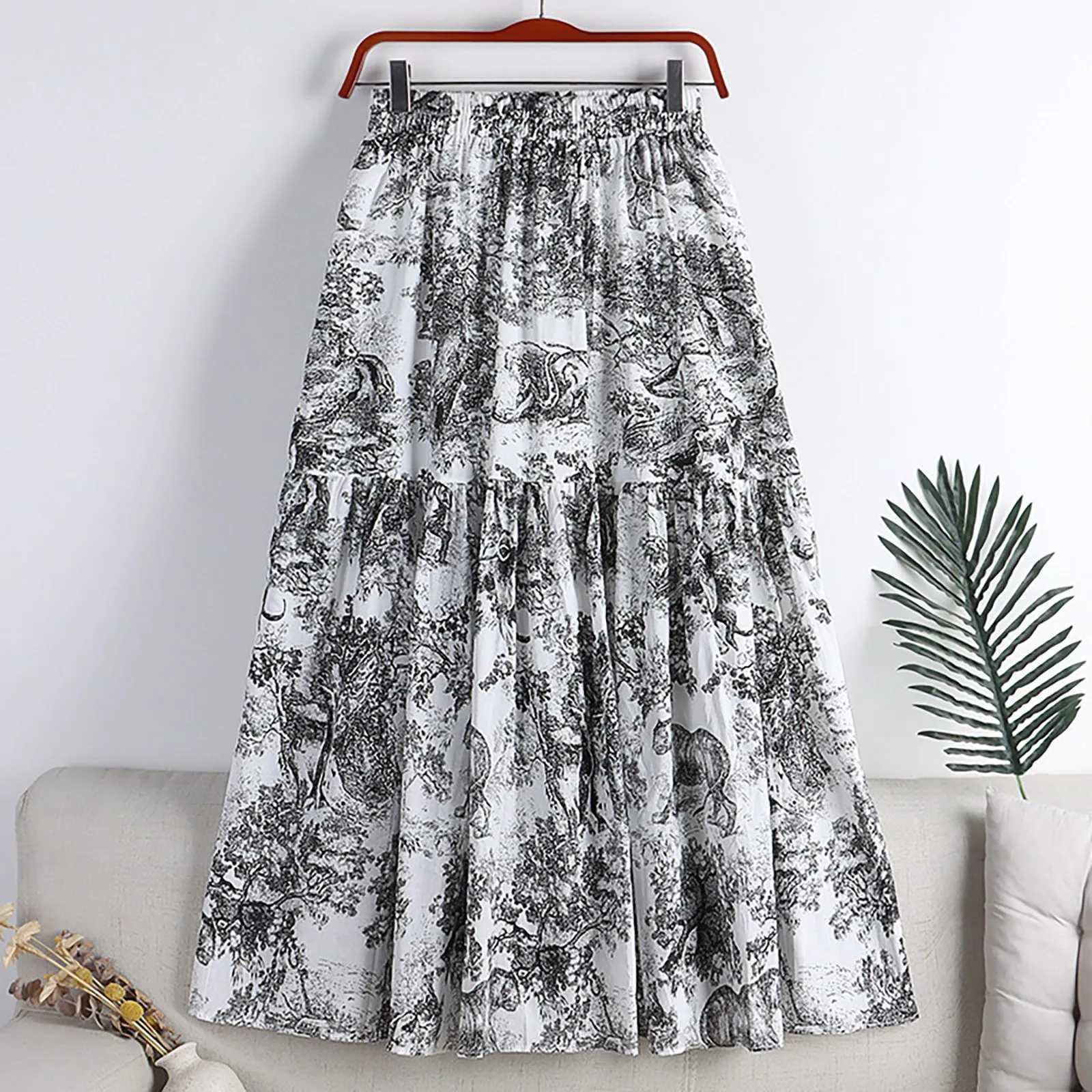 Skirts Sparkly Skirts Womens Spring/Summer Waist Vintage Ink Painting Printed Cotton Leather Medium Length Metal Leather Y2503143AXH