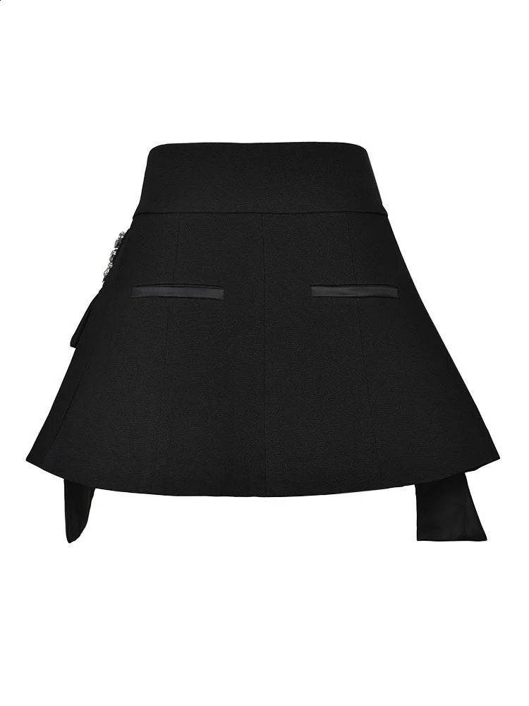 EAM Black Irregular Rhinestones Belted Mini Half-body Skirt High Waist Women Fashion Spring Autumn 2025 JY75801 250313