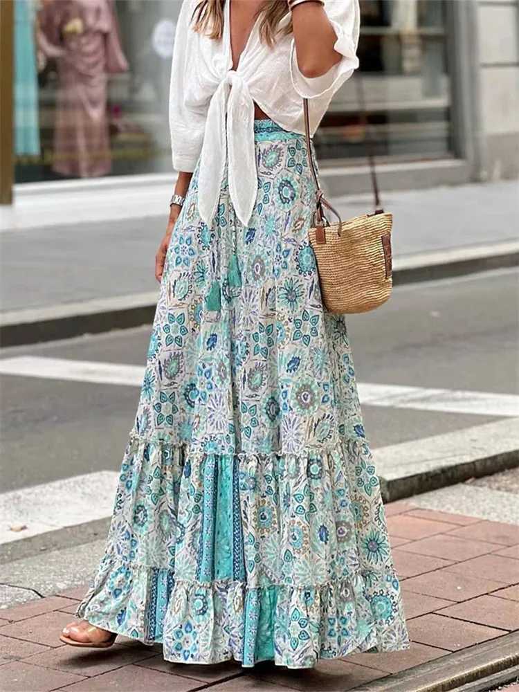 Skirts Womens Flowy Boho Skirt printed ruffled hem summer casual long sleeved beach vacation club clothing Y250314PN97