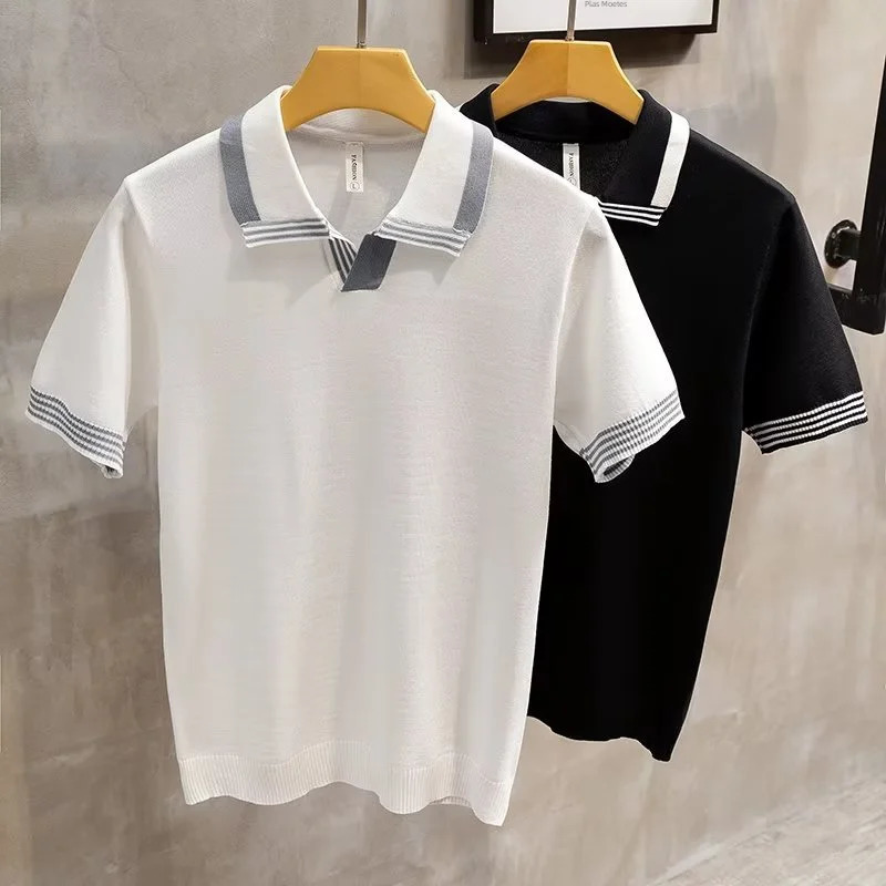 Fashion mens polo shirt comfortable summer knitted retro holiday mood lapel short sleeved Tshirt body 250314