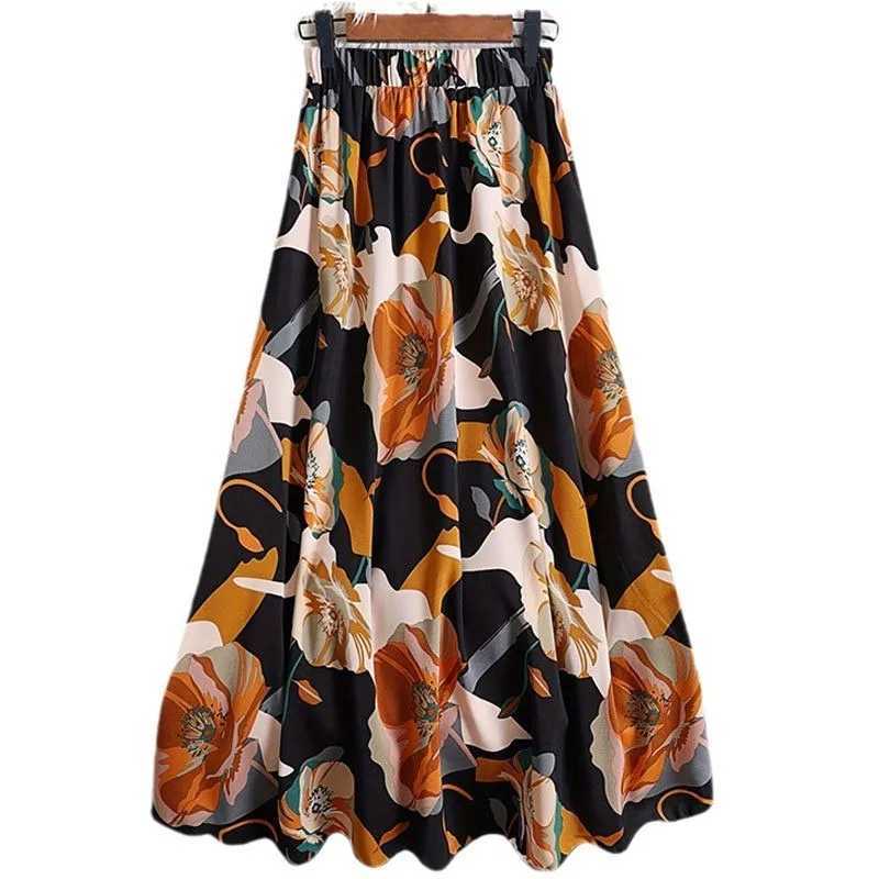 Skirts Black Long Skirt Womens Versatile Flower Print Autumn Elastic Waist Contrasting Color A-line Large Swing Skirt 2025 New Product Y250314G2CW