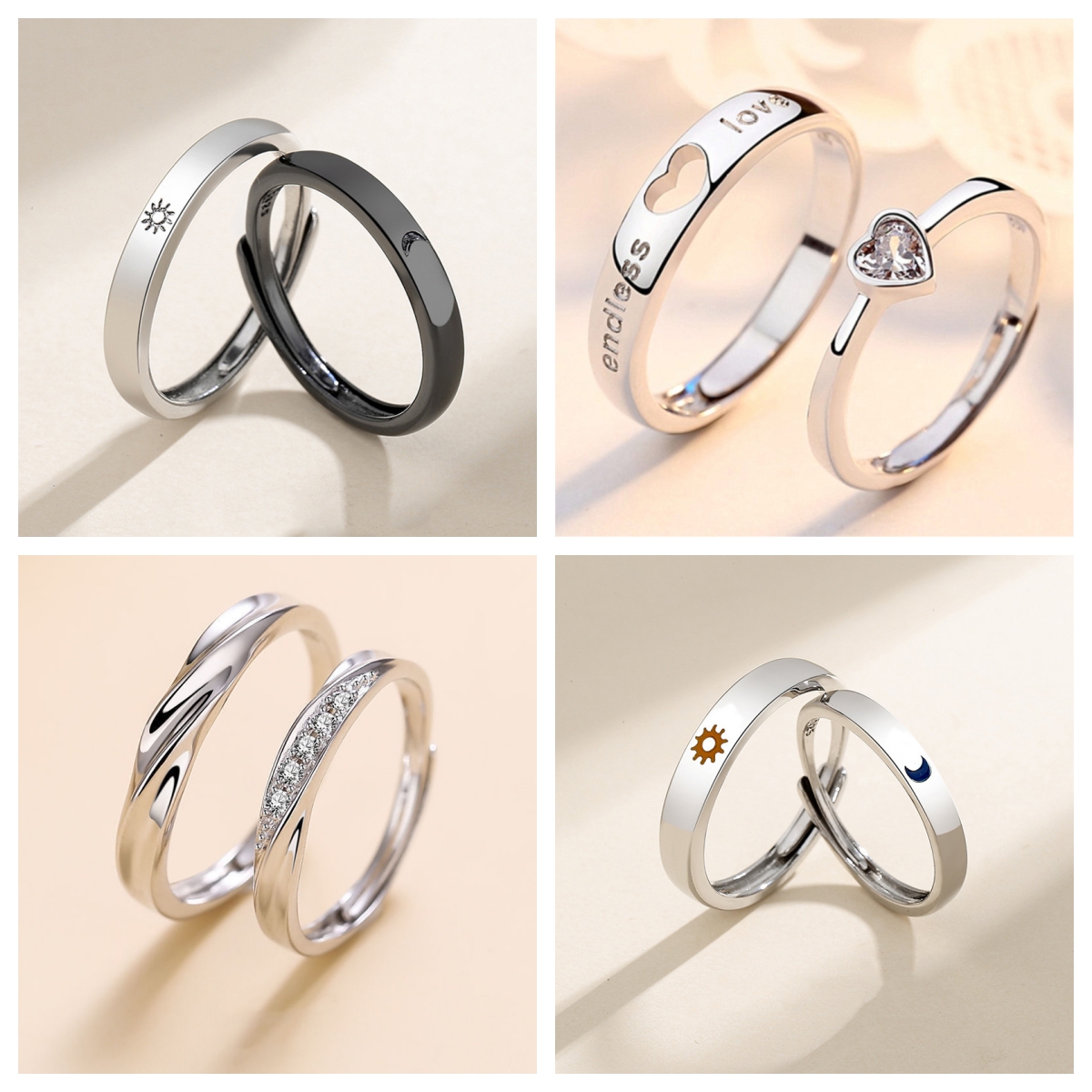 Elegant Sun and Moon Inspired Couples' Rings Silver Adjustable Wedding Accessories for Both Men and Women