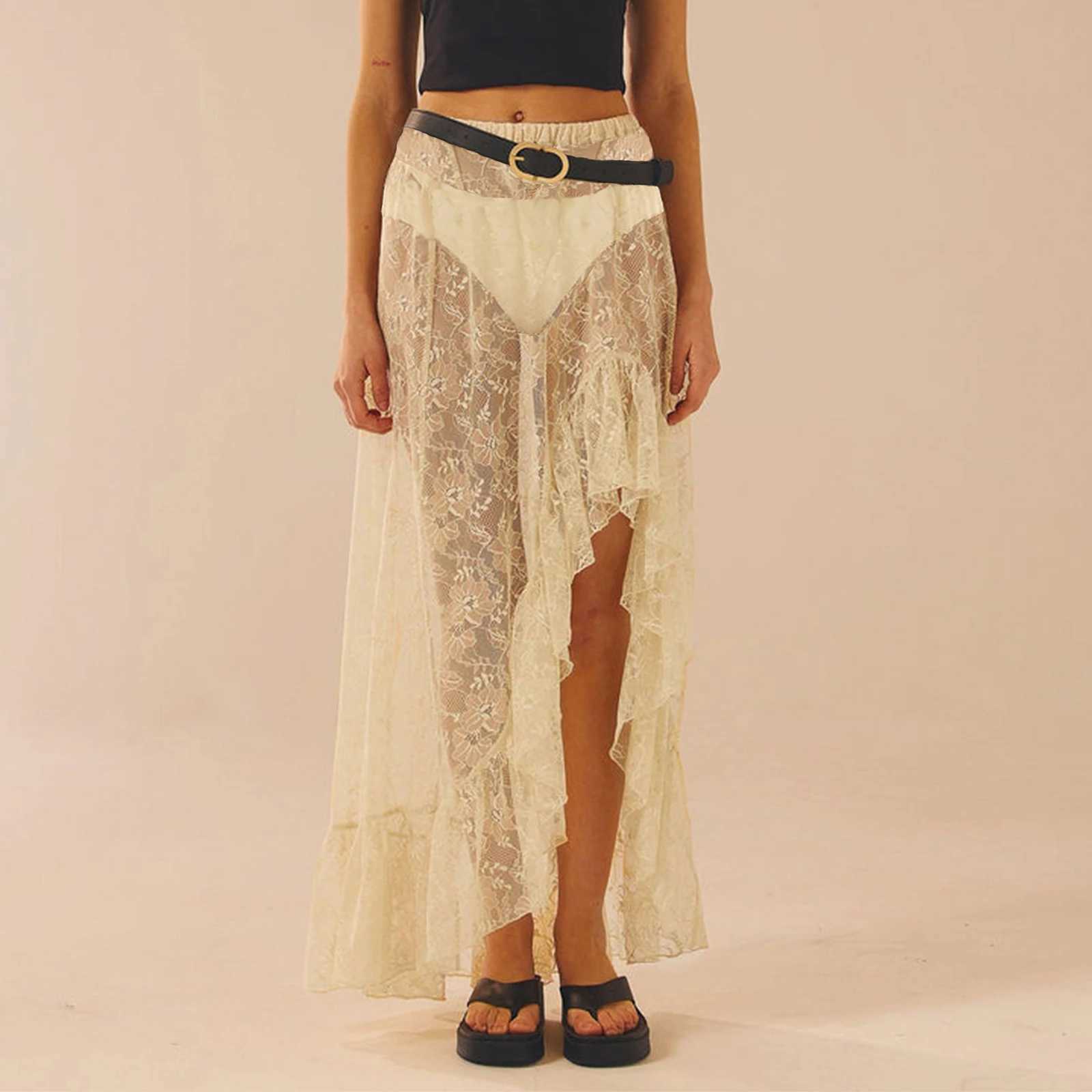 Skirts Vintage high waisted asymmetrical hem ruffled Midi ski board Flowy ski board womens summer solid color lace long ski Y250314QZZI