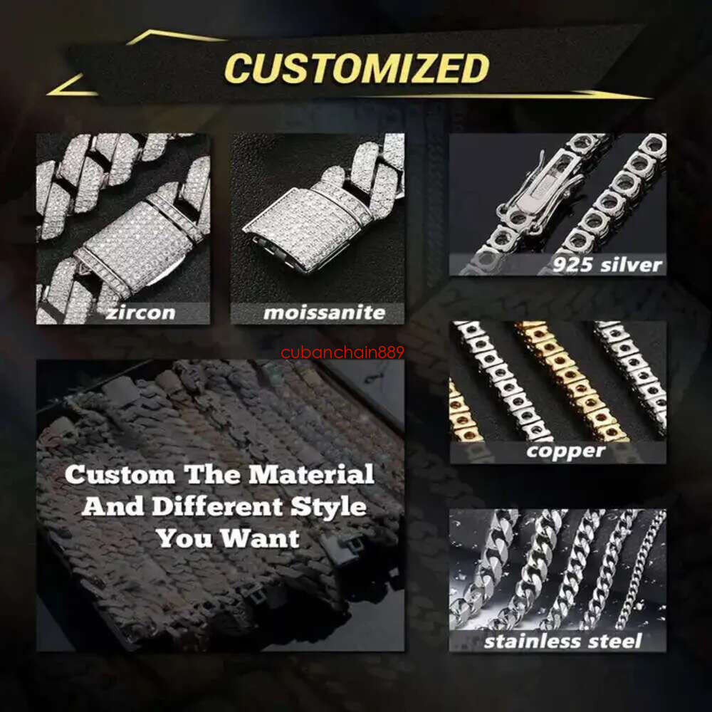 Hip Hop Jewelry Men Necklace 8mm 10mm 12mm Past Dia Test VVS Moissanite Cuban k Chain