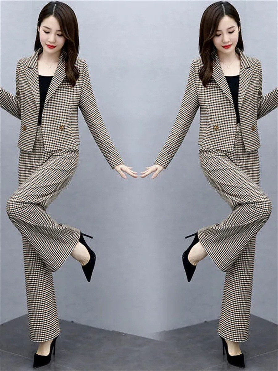 G312Elegant Ladies' Western Plaid Coat and Pants Ensemble - Contemporary Korean Inspired Attire for Transitional Weather