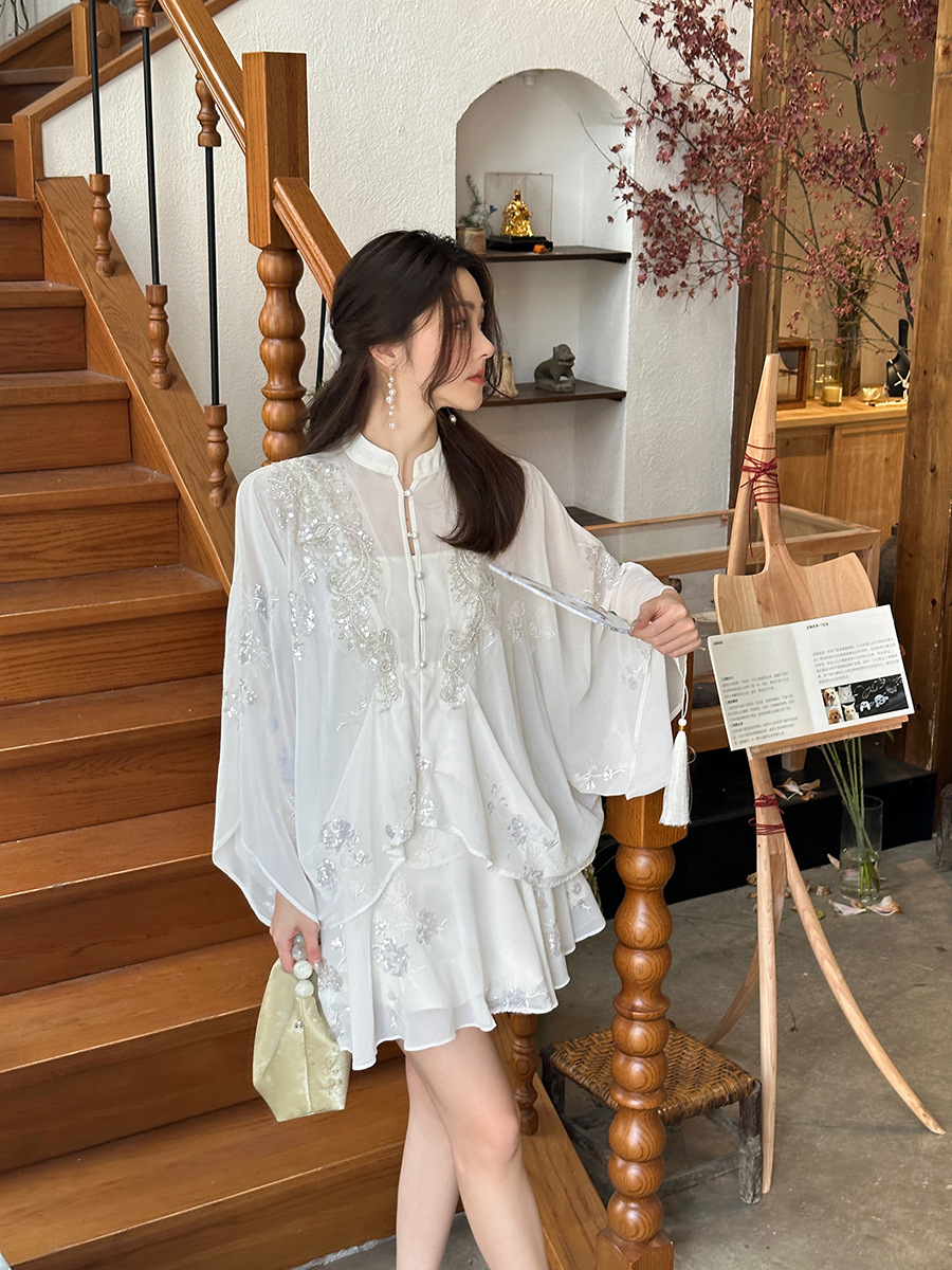 D21601 Spring Silver Sequin Embroidered Cape Top A-line Drape Skirt Set
