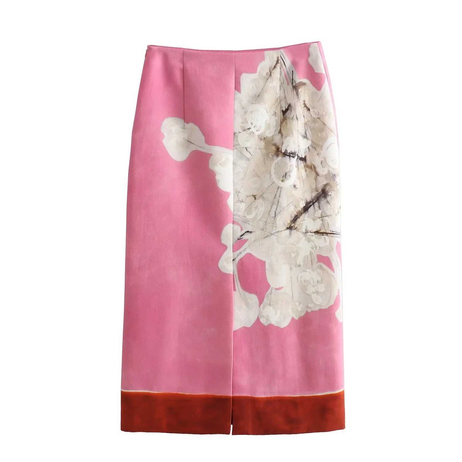 Skirts KAOPU ZA Womens Elegant Red Skirt Side Zipper Back Seam Straight Skirt Womens Linen Printed Blended Straight Skirt Half Skirt Y2503142S6N