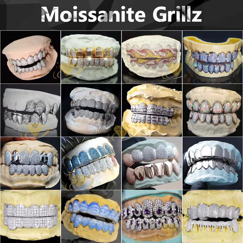 Custom VVS Moissanite Teeth Grillz Honeycomb Set with Big Stone Grillz Diamond Iced Out Grills Mens Hiphop Honeymoon Grillz