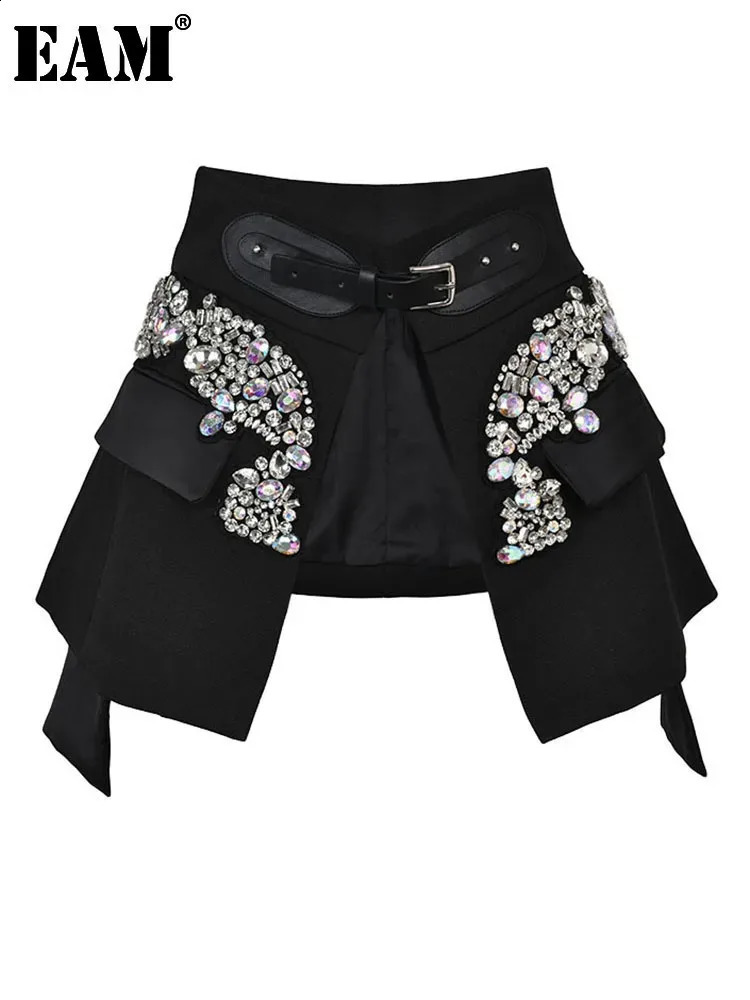 EAM Black Irregular Rhinestones Belted Mini Half-body Skirt High Waist Women Fashion Spring Autumn 2025 JY75801 250313