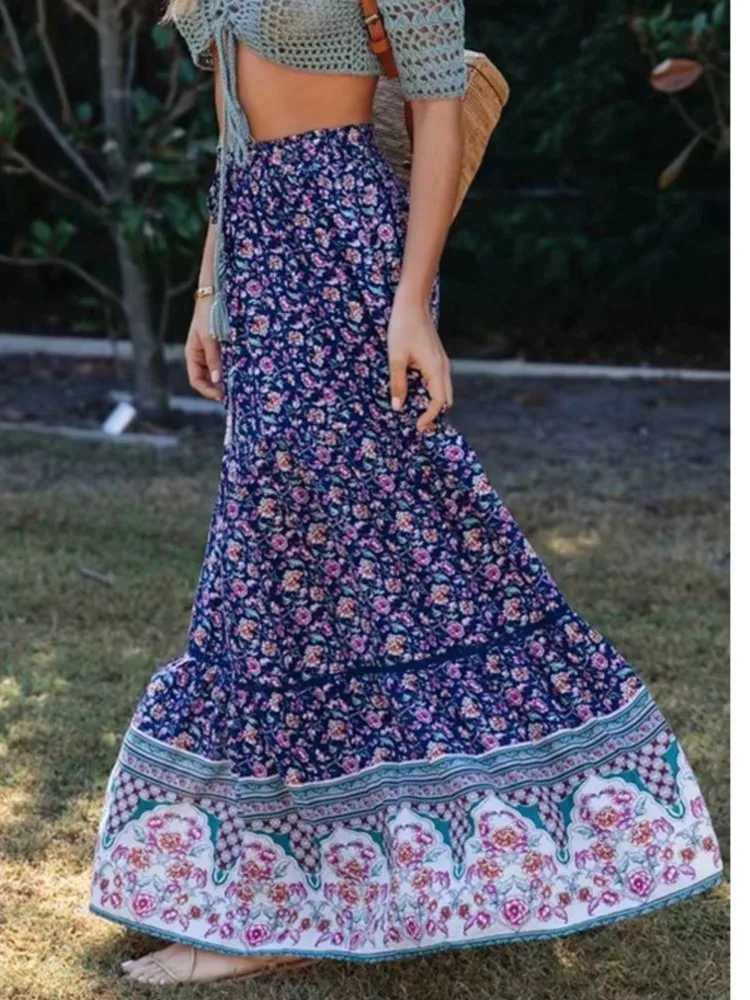Skirts Retro floral print beach bohemian pleated womens skiing 2025 summer fashion cotton high waisted long skirt womens beach skiing Y2503148D49