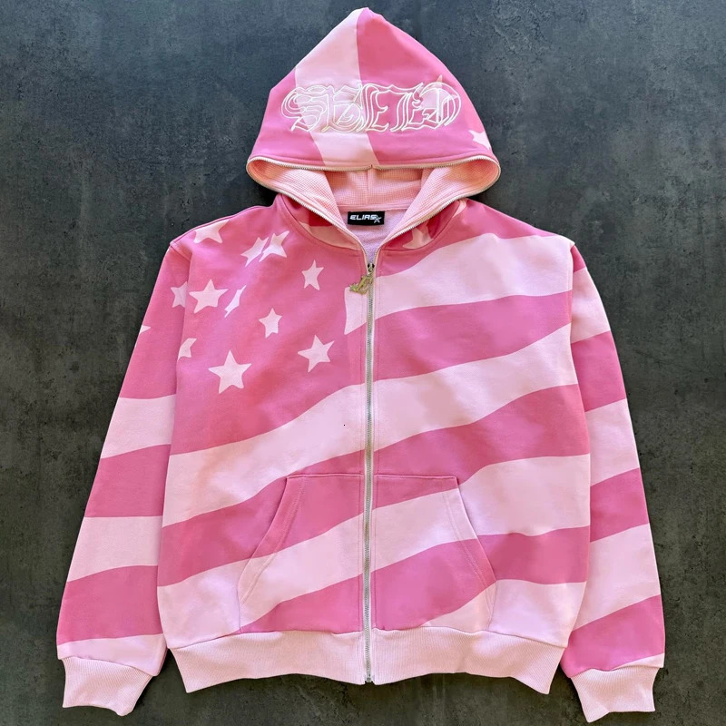 Y2K American Zipper Hoodie Stripe Star Banner Pattern Sweatshirt Men Women Trendy Casual Streetwear Unisex Oversize Clothing 250314