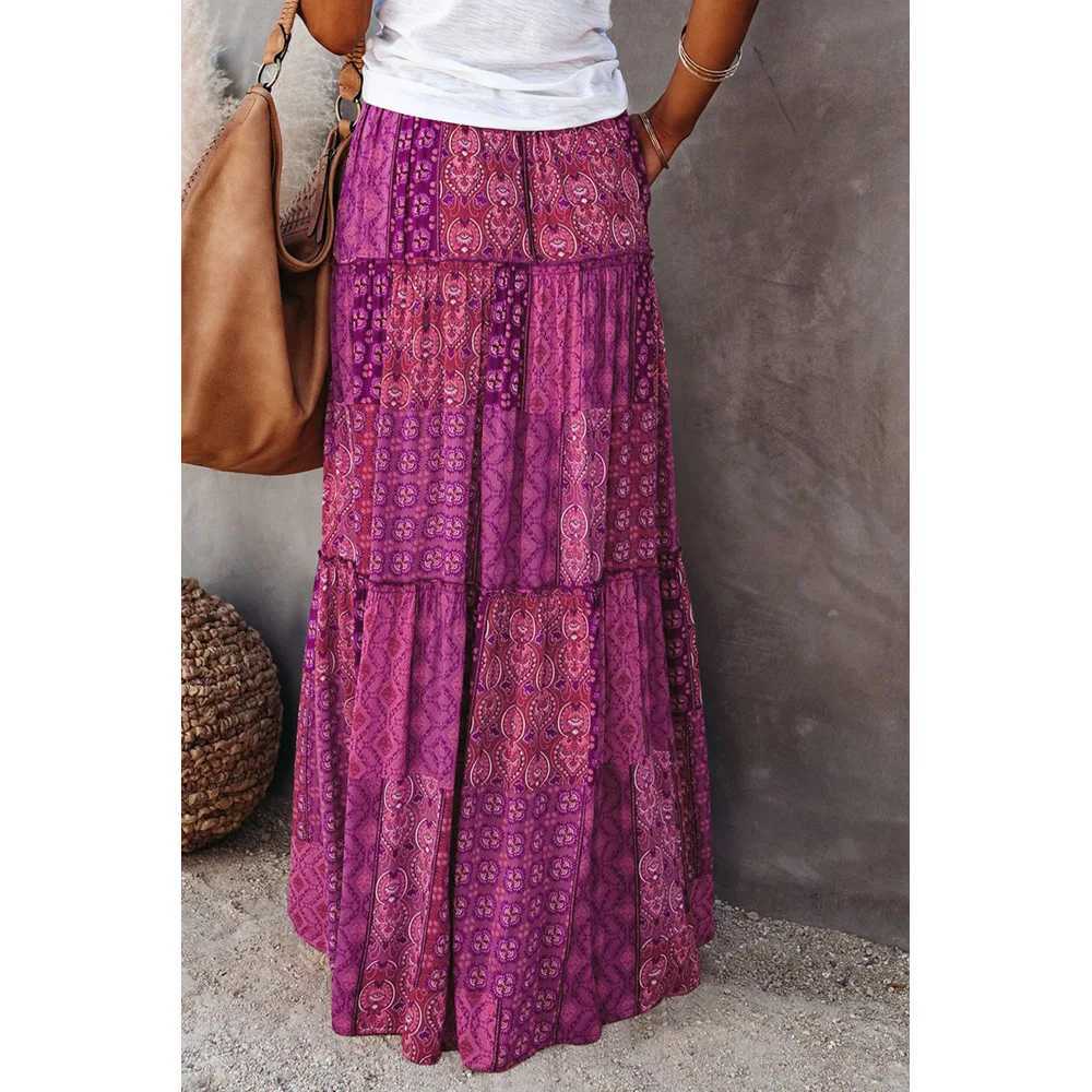 Skirts New long leather retro loose casual high waisted leather Bohemian style patchwork work pleated pocket leather Y250314QZQ8