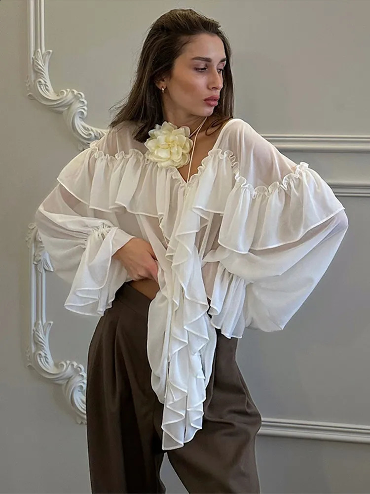 Elegant Ruffle Solid Women Shirts See Through V-neck Long Lantern Sleeve Lady Top 2025 Spring Office Oversize Female Blouses 250313