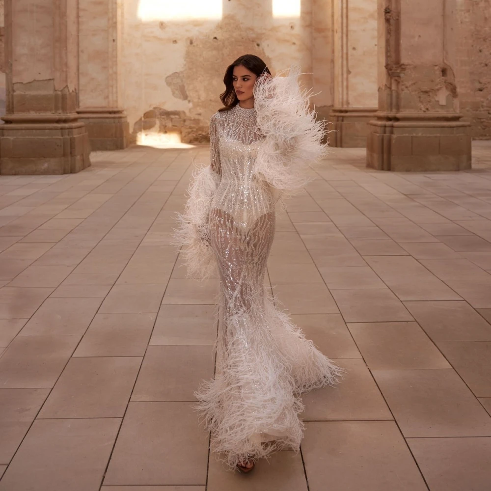 Gorgeous Evening Dresses For Women High Collar Long Sleeves Gown See Through Sequins Feather Sweep Train Party Customized Dress