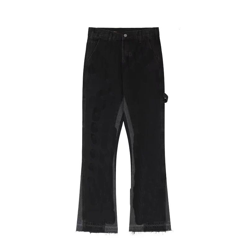 Men's Jeans American Retro Washed Letter Spliced Denim Trousers High Street Trendy Brand Couple Loose Straight Micro-flared Long