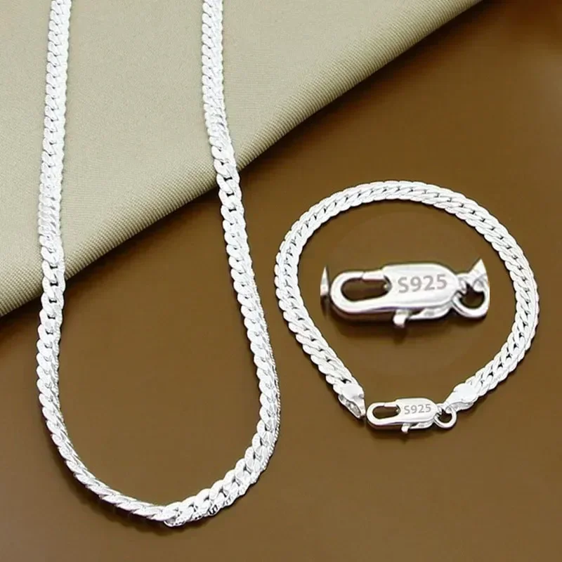 Classic Design 925 Sterling Silver Jewelry Set Featuring a Full Side Chain Necklace and Matching Bracelet Perfect for Couples