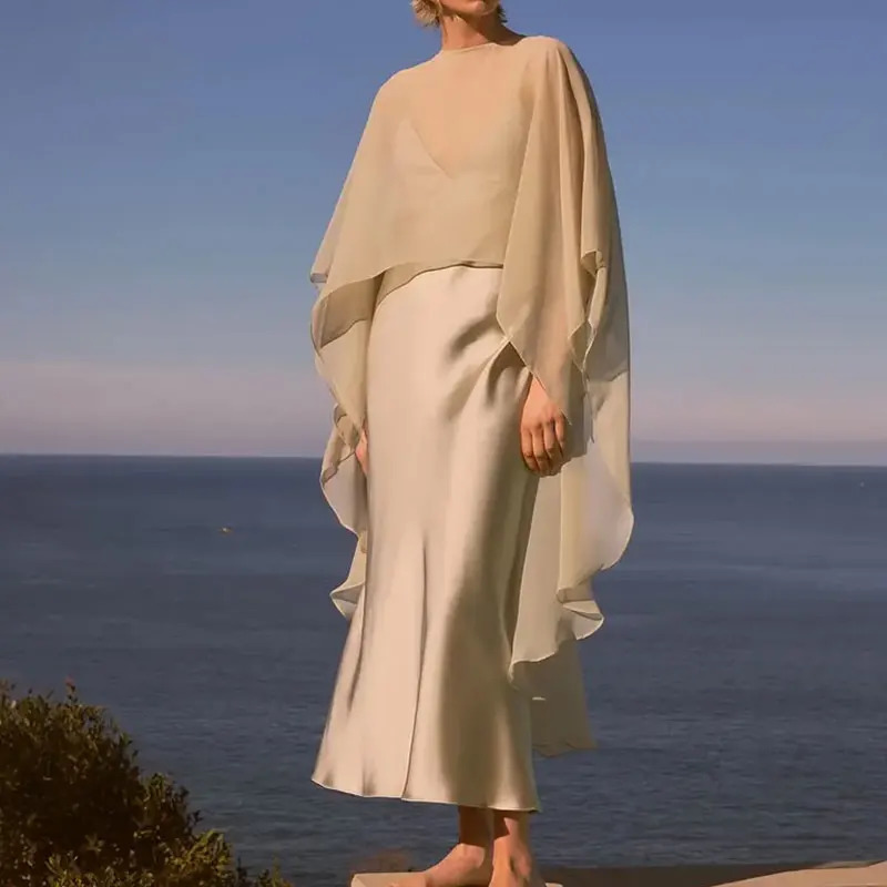 Summer Tulle Cape Coat Chiffon for Women Sunscreen Loose Round Neck Asymmetric Cloak Long Shawl Wraps 250314