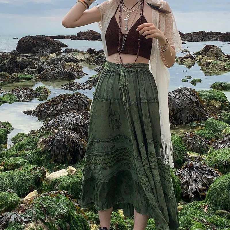 Skirts 90s vintage Boho Midi skiing Fairycore Grunge Kawaii bow high waist long pleated skiing chic womens retro holiday beach T-shirt Y2503141731