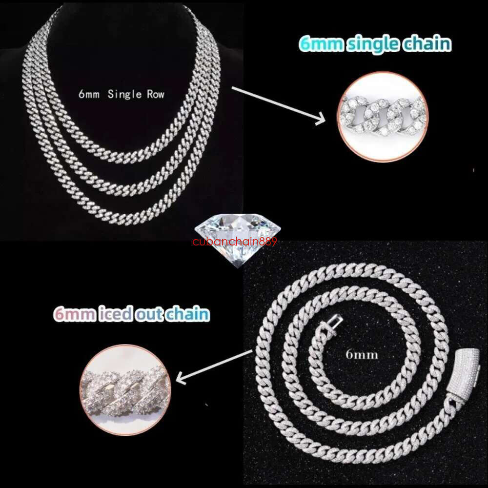 Hiphop Jewelry 6mm S Sterg Sier D color VVS Moissanite Necklace Cuban k Chain