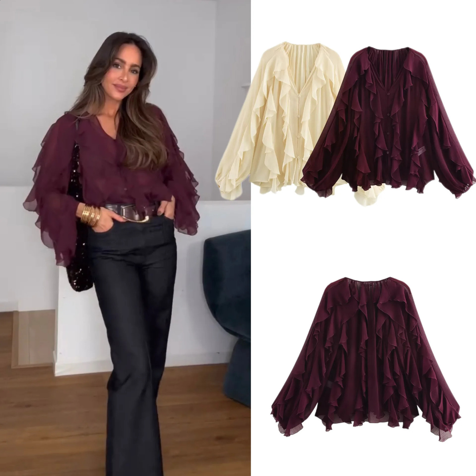 Translucent Layer Ruffle V-neck Loose Blouse Womens Burgundy Long Sleeved Gauze Shirts 2025 Spring Casual Commute Tops 250313