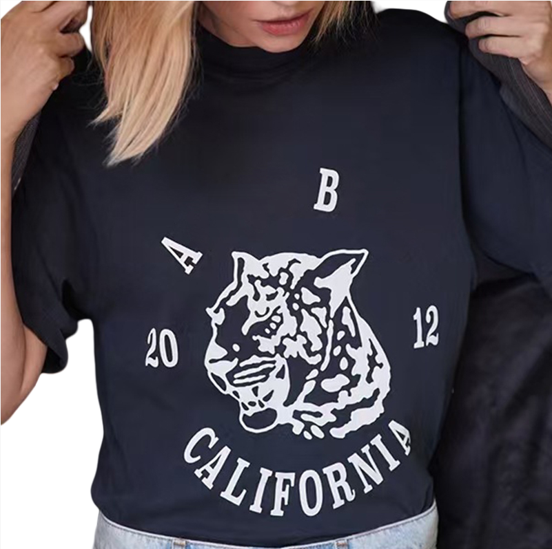 2025 Summer New Tiger Head English Letter Printed T-shirt Classic Black Cotton Women's Short Sleeve T-shirt Round Neck Pullover Top