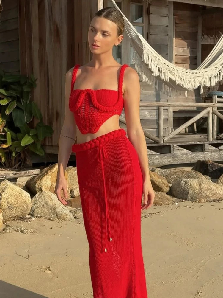 Sexy Knit 2 Piece Suit Women Halter Sleeveless Backless Crop Tank Hip Package Skirt Female Set 2025 Spring Vacation Lady Sets250312