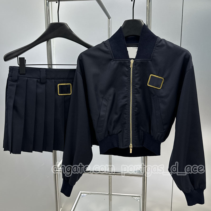 Designer Women Cropped Blouson Jacket Outfits Luxury Letter Embroidered Pleated Mini Skirts Elegant Spring OL Long Sleeve Jackets Skirt