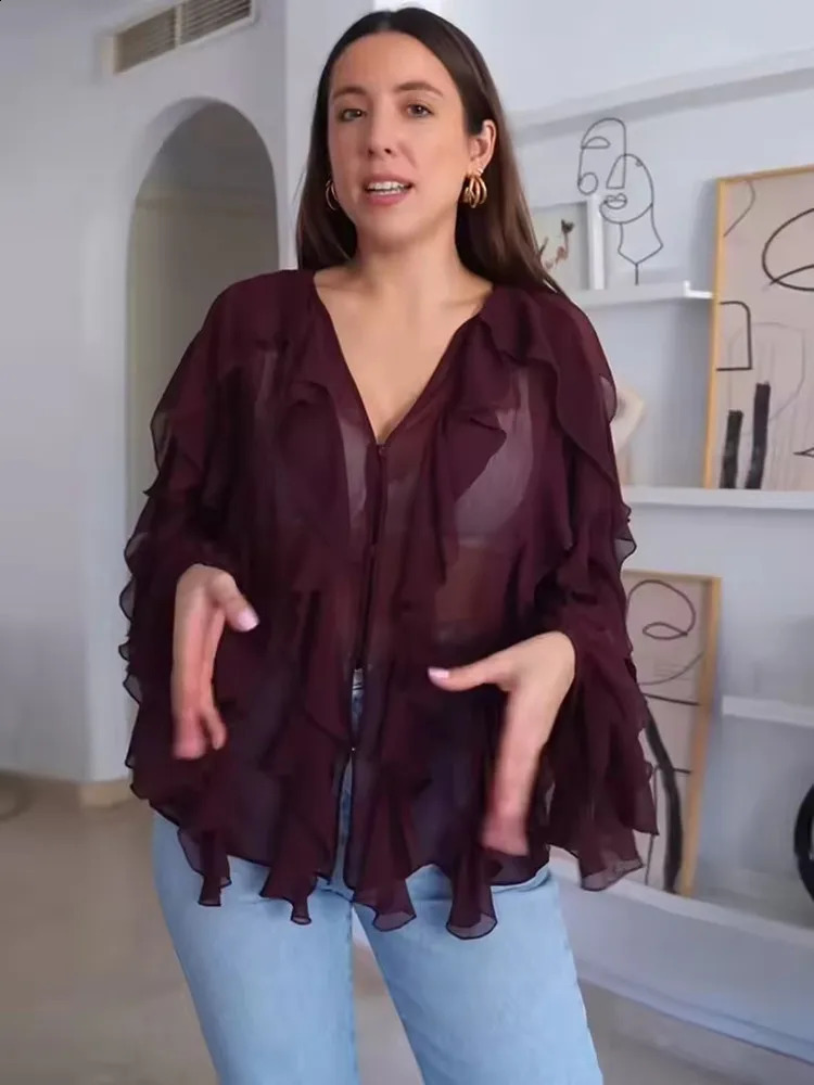 Translucent Layer Ruffle V-neck Loose Blouse Womens Burgundy Long Sleeved Gauze Shirts 2025 Spring Casual Commute Tops 250313