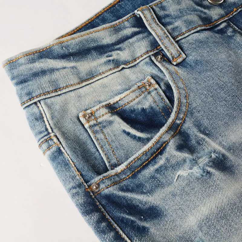 Designer fashion new mens jeans washed nostalgic stretch slim fit retroblue jeans hip-hop brand pants HombreT250314