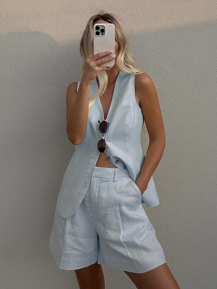 Bronladies Cotton And linen Chic Casual Vest Shorts Set Womens Summer Fashion Sleeveless Tank Top Shorts Suits 250228