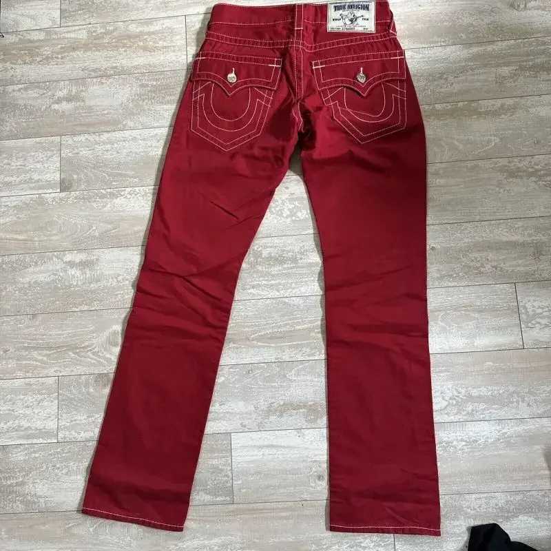 Harajuku Y2k red religious jeans Big Buddha red and white stitching street casual loose hip hop straight jeans men clothesT250314