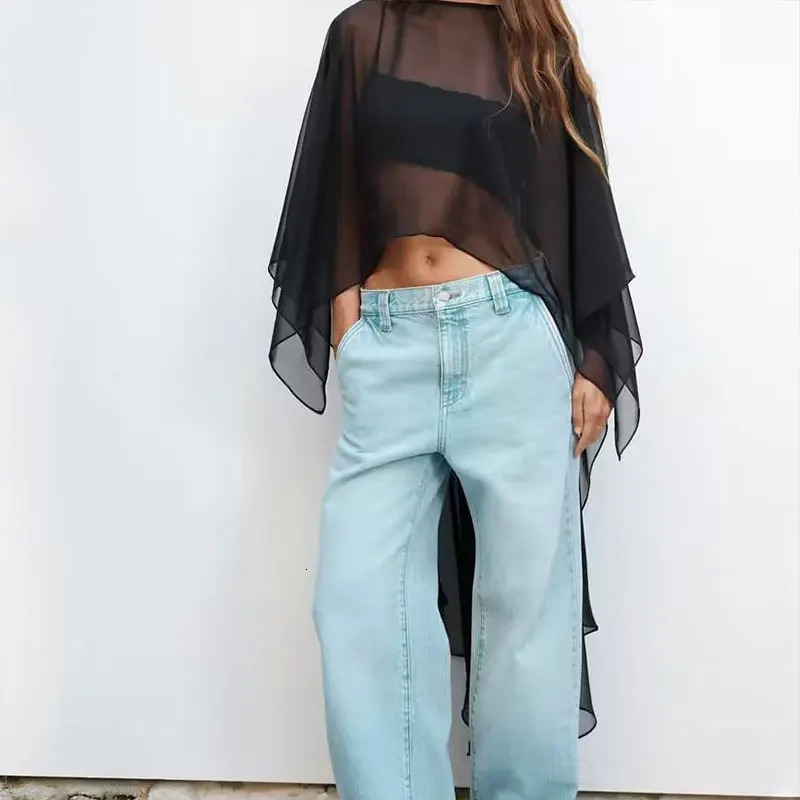 Summer Tulle Cape Coat Chiffon for Women Sunscreen Loose Round Neck Asymmetric Cloak Long Shawl Wraps 250314